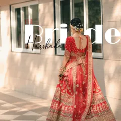 A beautiful back-shot of the bride, showcasing the intricate details of her red lehenga and hairstyle, with a modern text overlay.