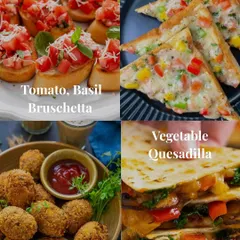 A collage showcasing my vegetarian high tea menu. It features a delicious mix of items like tomato basil bruschetta, chilli cheese toast, veg cutlets, and quesadillas.