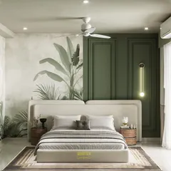 This 3D visualization for a master bedroom at ATS Rhapsody brings a nature-inspired aesthetic indoors. I used calming sage green tones, elegant wall paneling, and a beautiful botanical mural behind the bed to create a tranquil escape.