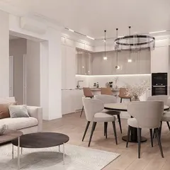 This is a perfect example of an open-plan layout where the kitchen flows beautifully into the dining and living areas. I used a soft, neutral color palette and consistent materials to create a bright, airy, and cohesive space. The kitchen features a breakfast bar for casual meals and elegant pendant lighting.