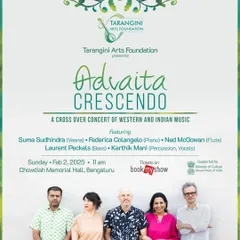 The official poster for 'Advaita Crescendo', a crossover concert of Western and Indian music at Chowdaiah Memorial Hall. Tickets are available on BookMyShow.