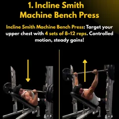 The Incline Smith Machine Bench Press is excellent for targeting your upper chest. Aim for 4 sets of 8-12 reps with controlled motion for steady gains.