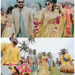 A collage showing the couple's energetic entry at their Goa Haldi ceremony, complete with dhol players and a cheering crowd.