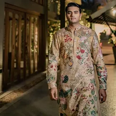 A solo shot of groom Mohnish in his Rahul Mishra kurta. He knew exactly what he wanted, and my job was to find the perfect complementary look for his bride.