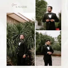A collage of the groom in his sharp black tuxedo. These outdoor portraits capture his confident and classic style before the reception.