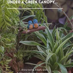 Two little birds, meeting on a swing tucked under a leafy canopy. I love creating these small stories that you can place in your garden, adding a touch of romance and quiet joy to your plants.