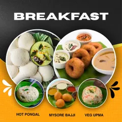 A healthy breakfast makes the day brighter. Our menu features Hot Pongal, Mysore Bajji, and Veg Upma, providing the energy needed for any morning function.