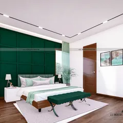 Another view of the same bedroom concept, showing how the green accent wall serves as a backdrop for the bed. The design is clean, with integrated storage and simple, modern furniture.