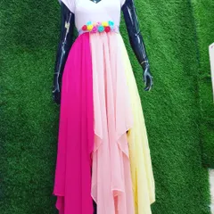 A look at my colorful rainbow gown on the mannequin. The floral belt adds a cute touch to this multi-colored, layered dress.