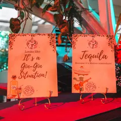 Custom signage is key to a great guest experience. These fun, thematic signs at the "Jungle Disco" bar added a playful touch and guided guests through the drink offerings.