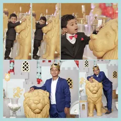 A collage of the little princes enjoying the royal-themed party, posing with the golden lion statues and wearing crowns.