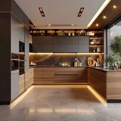 A luxurious U-shaped kitchen design with dark wood grain lower cabinets and matte grey upper cabinets. The space is elevated by a marble backsplash and multi-level integrated LED lighting.