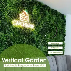 A great example of how our vertical gardens can transform a commercial space. For this cafe, we created a dense, multi-textured green wall and integrated their neon branding right into it. It’s a statement piece that is UV protected, requires no maintenance, and creates an unforgettable ambiance for customers.