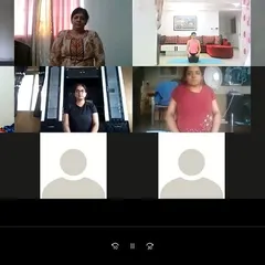 A screenshot from our virtual corporate yoga class. Even through a screen, we can create a shared space for meditation and gentle movement, helping to break up the workday.