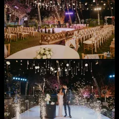 The stunning decor of the outdoor cocktail night, with hanging crystals and fairy lights, and the couple's cake-cutting moment.