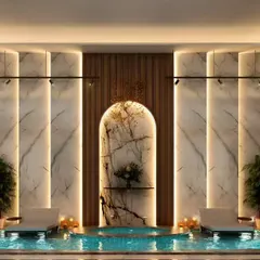 A conceptual design for a luxurious indoor spa and pool area. This image highlights our ability to design high-end, resort-style spaces with features like marble walls and ambient lighting.