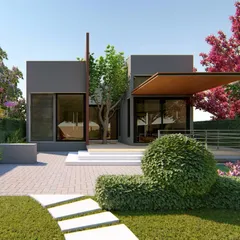 This is a 3D render of a modern, minimalist villa designed to harmonize with its landscape. The design emphasizes clean lines, large glass panels for natural light, and a seamless connection between the indoor living area and the outdoor garden space.