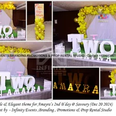 A simple and elegant theme for a second birthday. The decor features a white draped backdrop with a yellow balloon garland and a large "TWO" table, creating a clean and modern look.