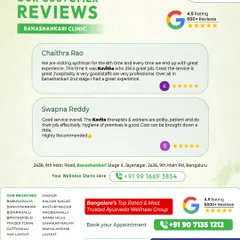 These reviews from our Banashankari clinic highlight the consistent, professional, and effective care our patients receive. From the polite therapists to the clean premises, our clients appreciate the holistic experience that makes them return for their wellness needs.