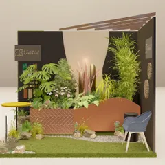 This 3D render is an illustrative concept for a modern garden space. It helps clients visualize the final look, showing how different elements like herringbone brick planters, a corten steel wall, and layered plants come together.