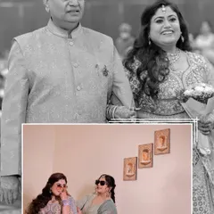 A collage capturing a heartfelt moment of the bride walking with her father and a fun, stylish shot with her sister.
