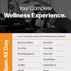 We offer a complete wellness experience in a fully-equipped studio with personalized sessions. From Reformer Pilates and Gyrotonic® to Barre and Spinning, we provide a balanced variety of workouts.