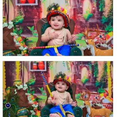 A two-photo collage of a smiling baby Krishna. Seated on a miniature throne, he holds his flute, looking joyful and mischievous in this delightful cultural photoshoot.