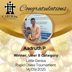 Congratulations to Aadruth P for winning the Under 8 category at the Little Genius Rapid Chess Tournament. His success is a great example of how our young talents develop and achieve new FIDE ratings.