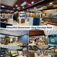 Our showroom is designed to inspire you. This collage shows our different display areas, comfortable seating for consultations, and the wide variety of paneling options we have for walls and ceilings.