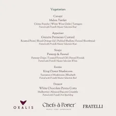 The vegetarian version of the Christmas menu, highlighting a King Oyster Mushroom entrée and Gruyère Parmesan Custard.