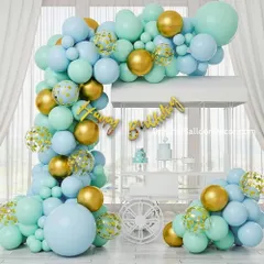 A beautiful and elegant balloon arch perfect for a first birthday party. I used a mix of pastel blue, mint green, and gold chrome balloons, along with confetti balloons and a "Happy Birthday" foil sign.