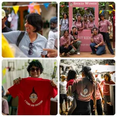 Our gear is for everyone who supports the ride. This collage showcases our special fifth-anniversary edition T-shirts, available in multiple colors for both Spokes Women and the amazing Spokes Men who volunteer and cheer us on. It's all about that community love.