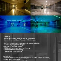 This is Studio 1, our versatile 1200 sq. ft. all-rounder. It's the perfect rental for medium-sized dance classes, video shoots, and group rehearsals, accommodating 20-30 people with ease.