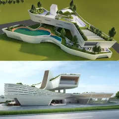 This conceptual design shows our exploration of cantilevered structures that support extensive green roofs and a suspended swimming pool. The goal is to create dramatic, functional outdoor living areas that appear to float within the landscape.