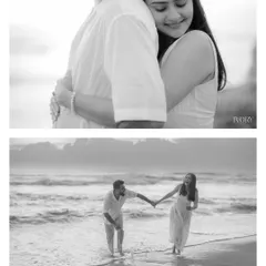 A two-panel black and white collage showing contrasting moments. The top frame is a soft, tender embrace, while the bottom frame captures a playful interaction by the water, showcasing the couple's multifaceted connection.
