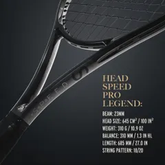 Here are the technical specifications for the Head Speed Pro Legend. With a 310g weight and an 18/20 string pattern, this model is engineered for experienced players who generate their own power and need maximum control.