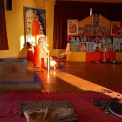 The yoga hall in the early morning light, a sacred space for practice and contemplation. This is where we gather for daily asana, pranayama, and lectures on Vedanta philosophy.