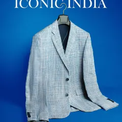 A clean, catalog-style shot of a men's blazer from Iconic India against a solid blue background. This type of image clearly shows the product's color, pattern, and shape.