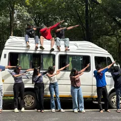 A fun, posed shot with our tempo traveller. We always have a great time, even on the road.