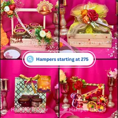 More of our affordable hamper options, starting at ₹275. This collage shows a variety of styles, from wooden trays with jars to cute gift bags.