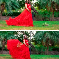 A two-panel collage showing a woman in a striking red ruffled gown, posing by the water in a park. The images capture both a static pose and a dynamic swirl of the dress.