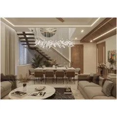 This is our vision of modern luxury. A double-height living and dining area where space and light converge, featuring a floating staircase and a sculptural chandelier. The cohesive palette of warm, natural materials creates an atmosphere that is both impressive and inviting.