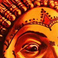 A close-up detail of my 'Kantara' acrylic painting. This shot highlights the intricate brushwork on the headpiece and the intense, fiery colors used to paint the eyes.