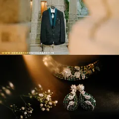 A "getting ready" collage that pairs the groom's reception jacket with a beautifully lit shot of the bride's diamond and emerald jewelry set.
