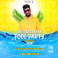 The poster for "The Caribbean Pool Party," where I mixed Bollywood hits with Caribbean music for the perfect poolside vibe.