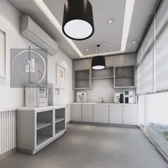 A design concept for a lab's pantry and utility area. The space is planned for functionality with grey cabinetry, durable countertops, and ample room for equipment, all while maintaining a modern look.