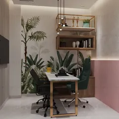 A private cabin within the same office, featuring a botanical wallpaper to bring a touch of nature indoors. The design combines functionality with a refreshing aesthetic.