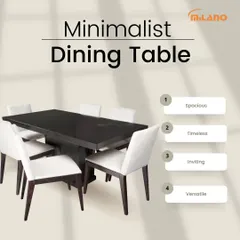 This minimalist dining table set is spacious, timeless, and inviting. The dark wood table paired with light upholstered chairs creates a versatile look for any modern dining room.