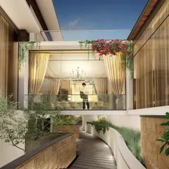 An architectural rendering of an opulent bungalow in Rajasthan, where the design and landscape dance in harmony. Cantilevered elements and a bridge-like passage create an enchanting journey with breathtaking views at every level.