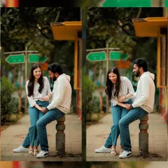 A diptych showing the natural progression of a candid moment. These unscripted interactions are what we love to capture, telling a story of your connection through genuine smiles and playful banter during your Delhi pre-wedding session.